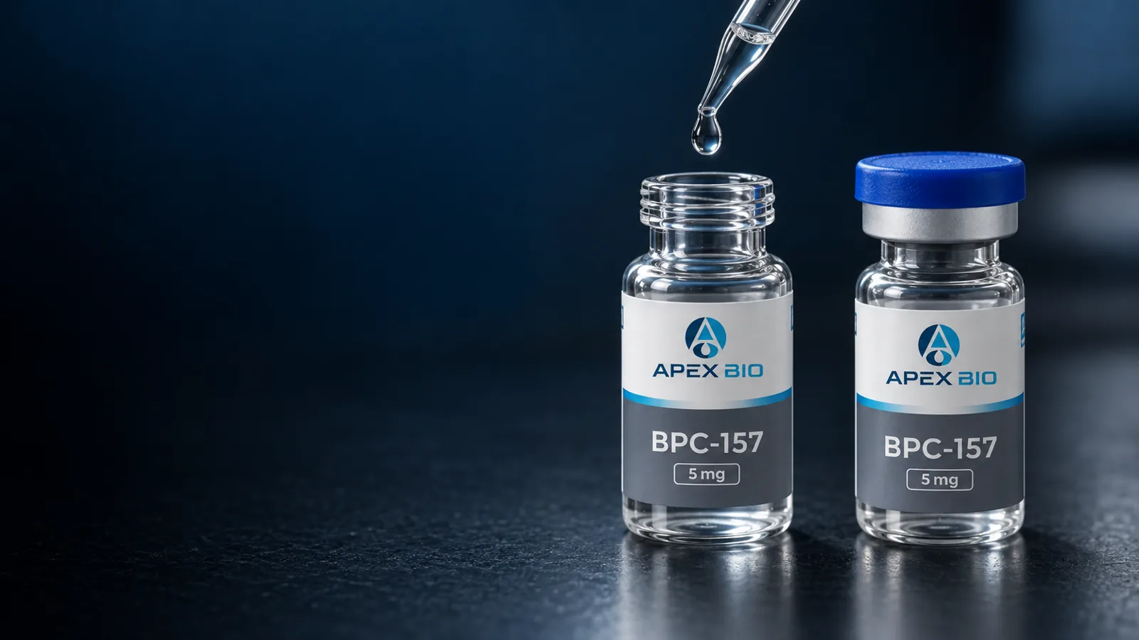 Пипетка над открытым флаконом BPC-157 в лаборатории
