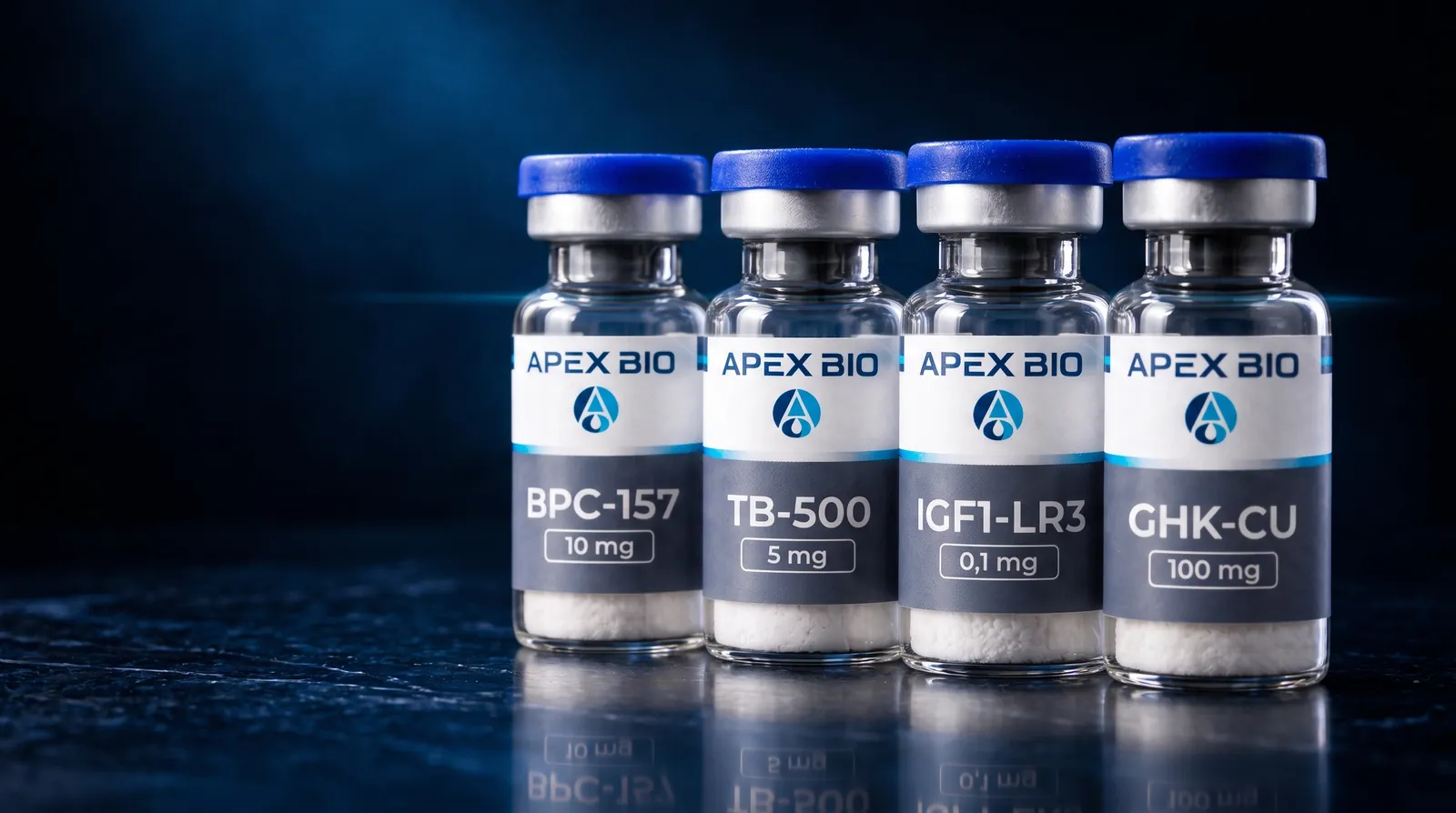 Четыре флакона Apex Bio в ряд: BPC-157, TB-500, IGF-1 LR3, GHK-Cu