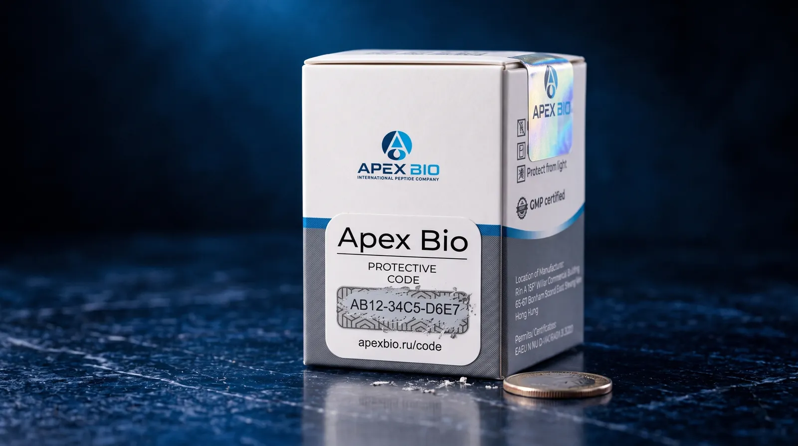 Защитный код на коробке Apex Bio крупным планом