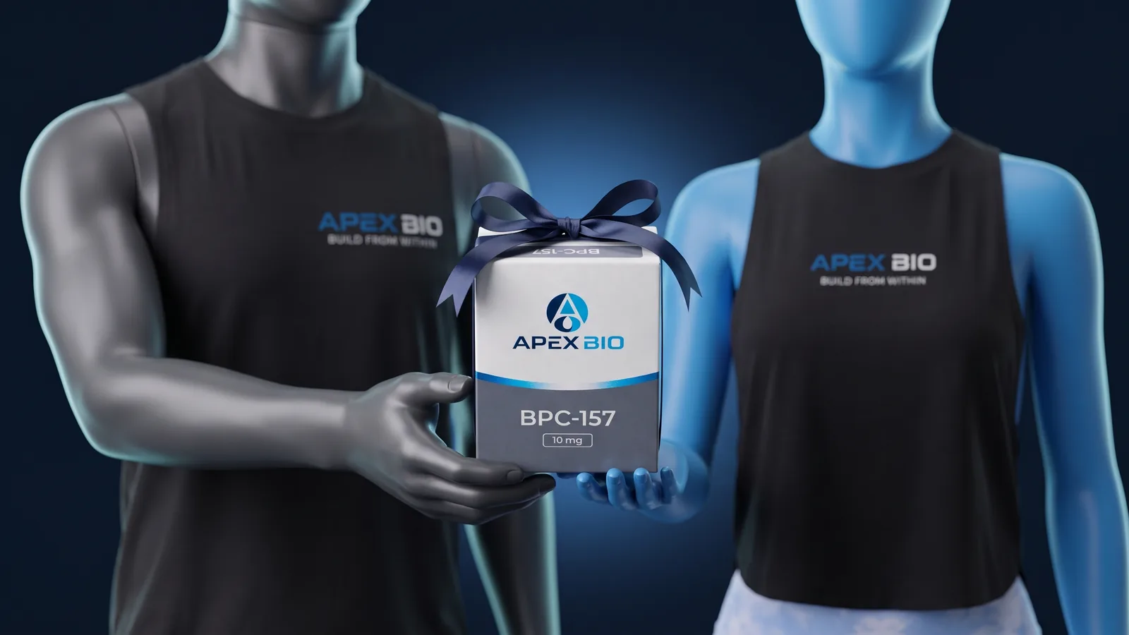 Манекены в майке и топе Apex Bio держат коробку BPC-157 с синим бантом